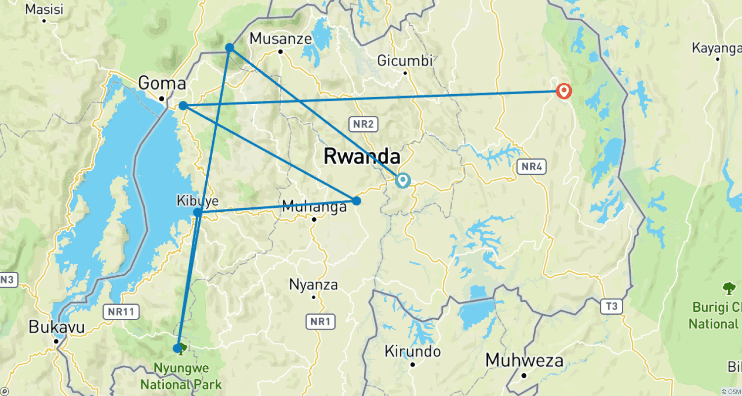 Mapa do percurso de 9 Dias Ruanda: Gorilas, Vida Selvagem e Cultura