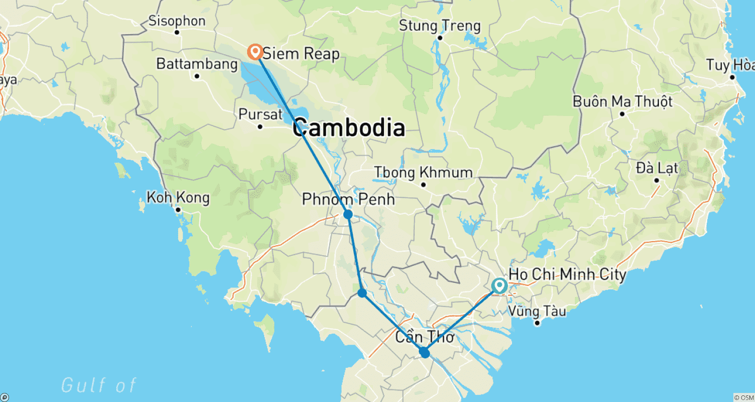 Mapa do percurso de Saída do Rio Delta do Mekong para o Camboja em 7 Dias e 6 Noites