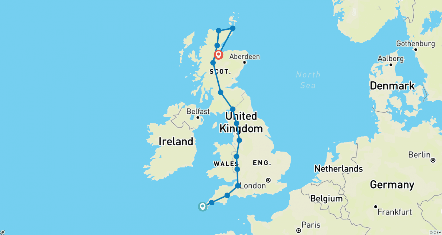 Mapa trasy: Land's End to John o'Groats