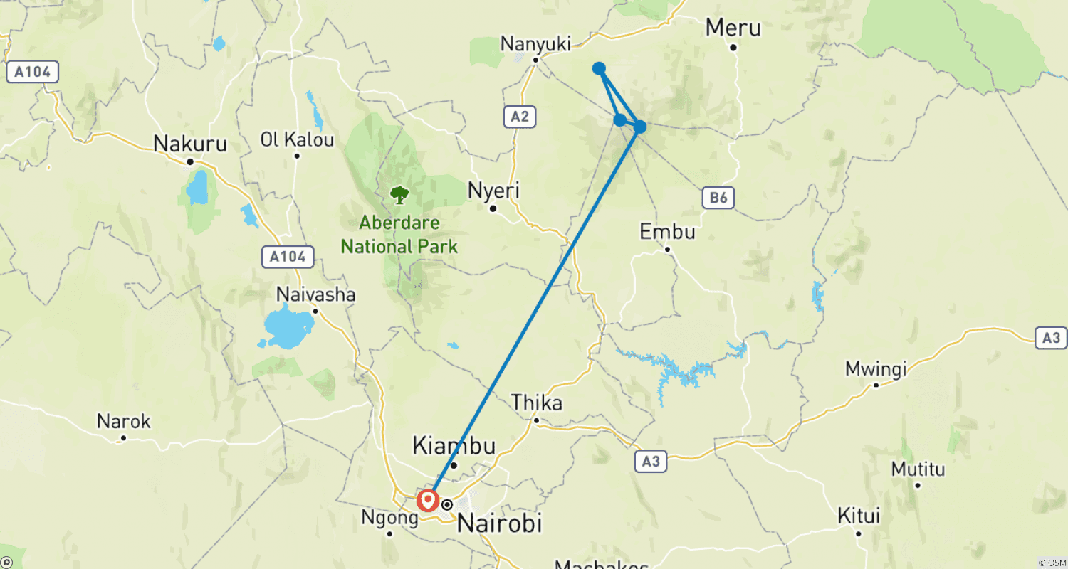 Sirimon Summit: 4-Day Mount Kenya Trekking Adventureのルートマップ