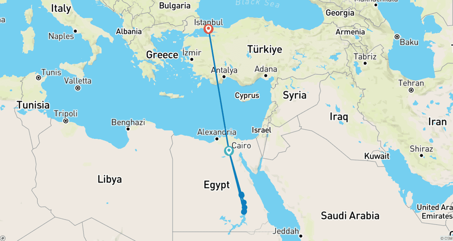 Mapa do percurso de Maravilhas do Egito e da Turquia - Descubra Cairo, Cruzeiro no Nilo e Istambul e Mais