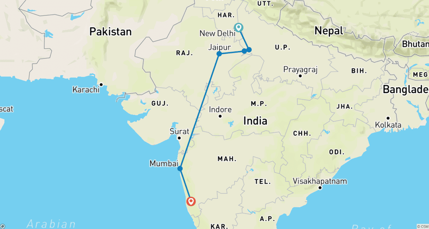 Mapa do percurso de Excursão Triângulo Dourado Mumbai & Goa (Segmento Platinum)