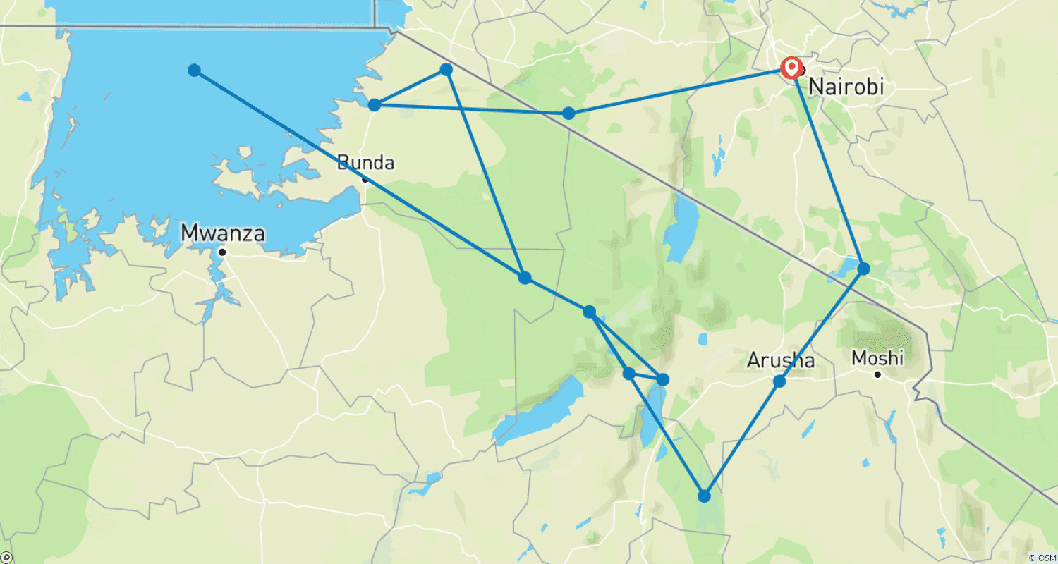 Mapa trasy: 11-dniowe safari „Best of East Africa”