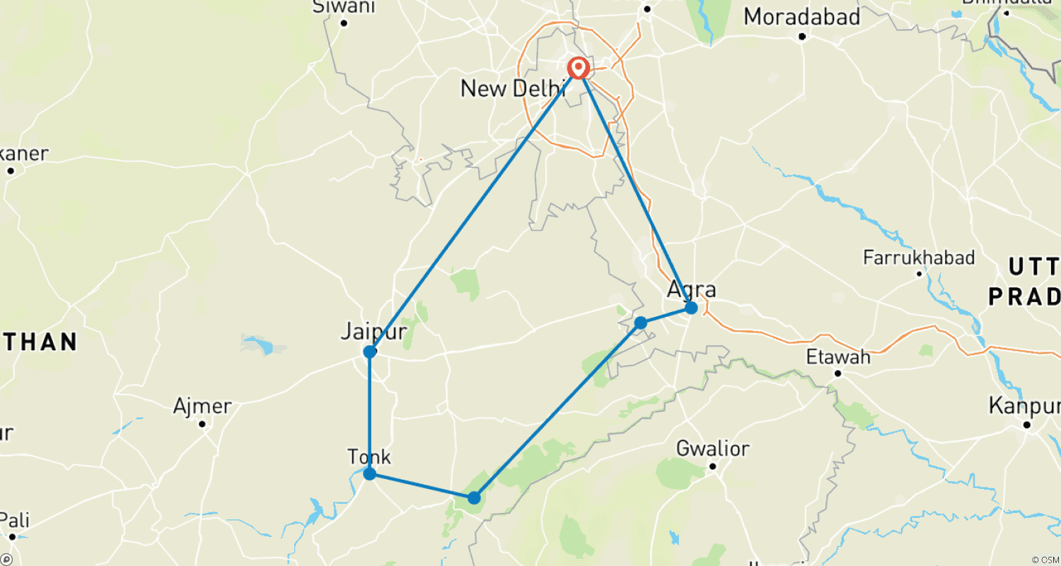 Mapa trasy: 8-dniowa prywatna wycieczka po Złotym Trójkącie z tygrysami z Nowego Delhi