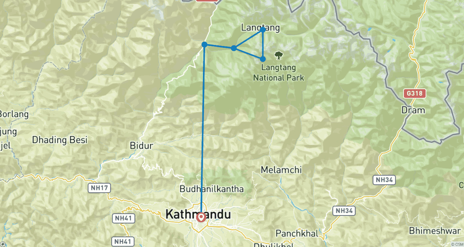 Langtang Valley トレッキング - 10日間のルートマップ