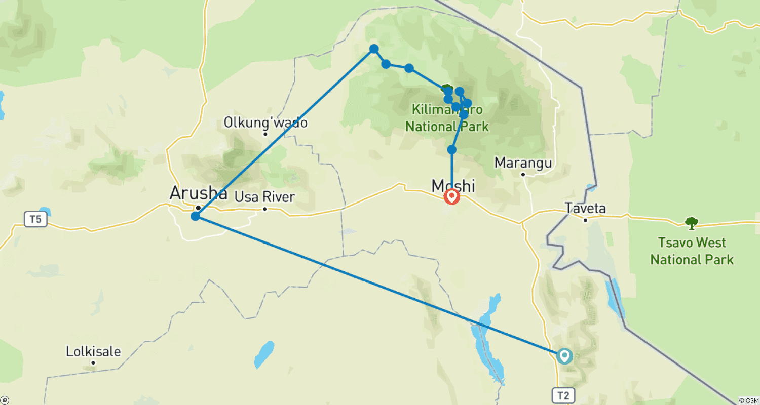 Mapa trasy: 8 Dni Wspinaczka na Kilimandżaro Trasą Lemosho
