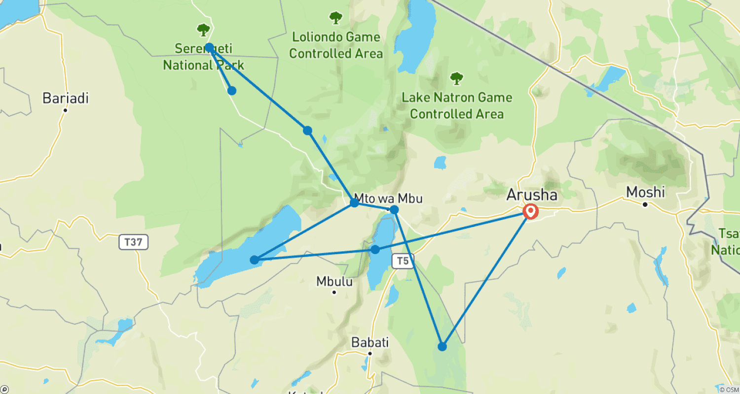 Mapa do percurso de Safari de 6 Dias em Lodge na Tanzânia.