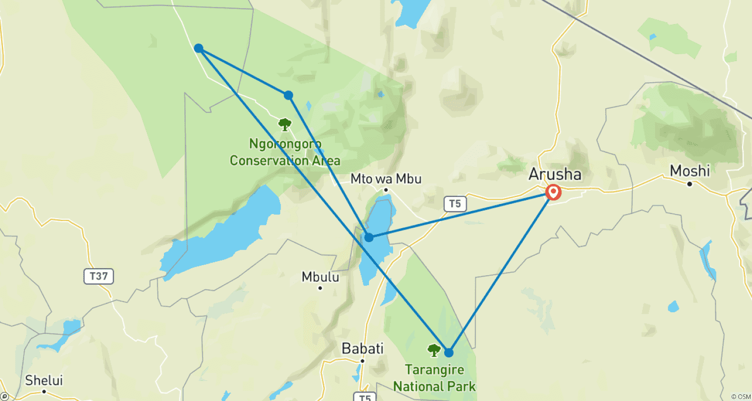 Mapa do percurso de Safari de Migração de Luxo Puro de 7 Dias - Norte da Tanzânia