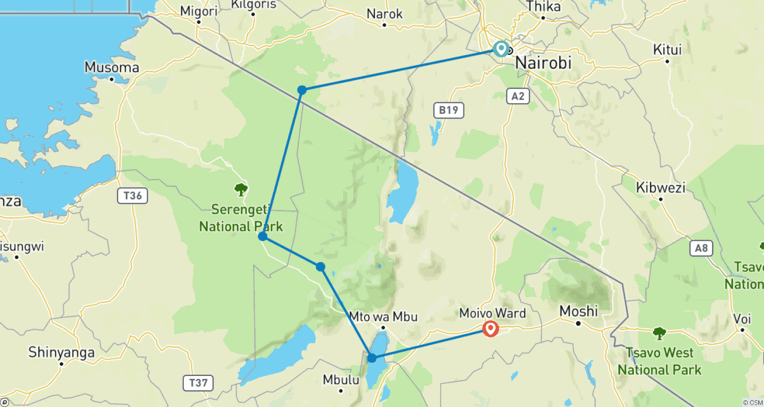 Mapa do percurso de Safári combinado de 7 dias no Quênia e na Tanzânia