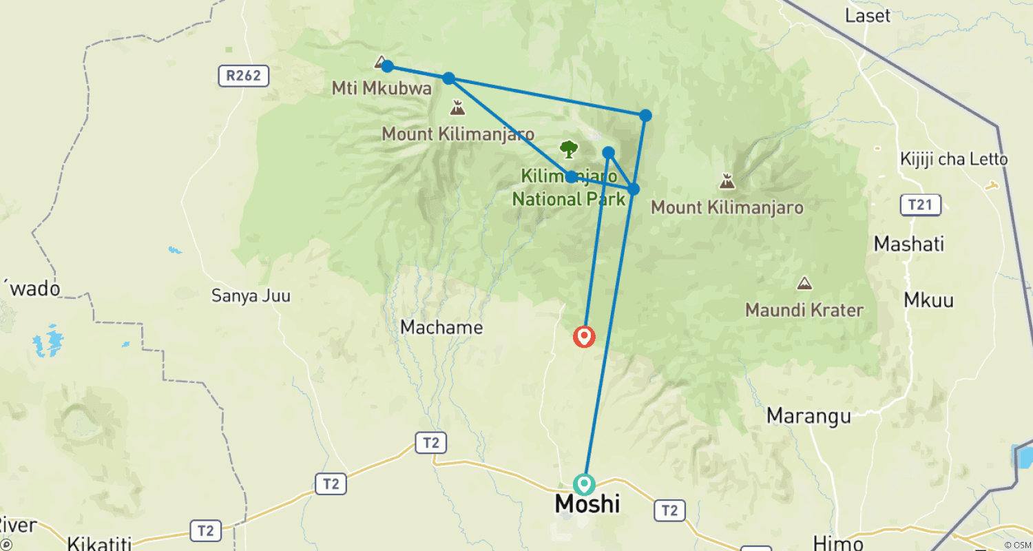 Mapa do percurso de Caminhada de 8 Dias no Kilimanjaro: Rota Lemosho