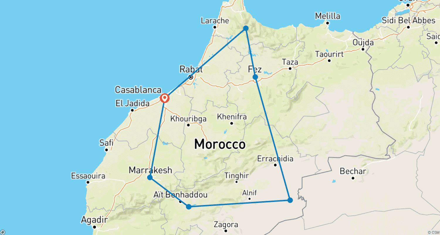 خريطة مسار جولات المغرب - 6 أيام صحراء الصحراء والمدن الإمبراطورية من الدار البيضاء