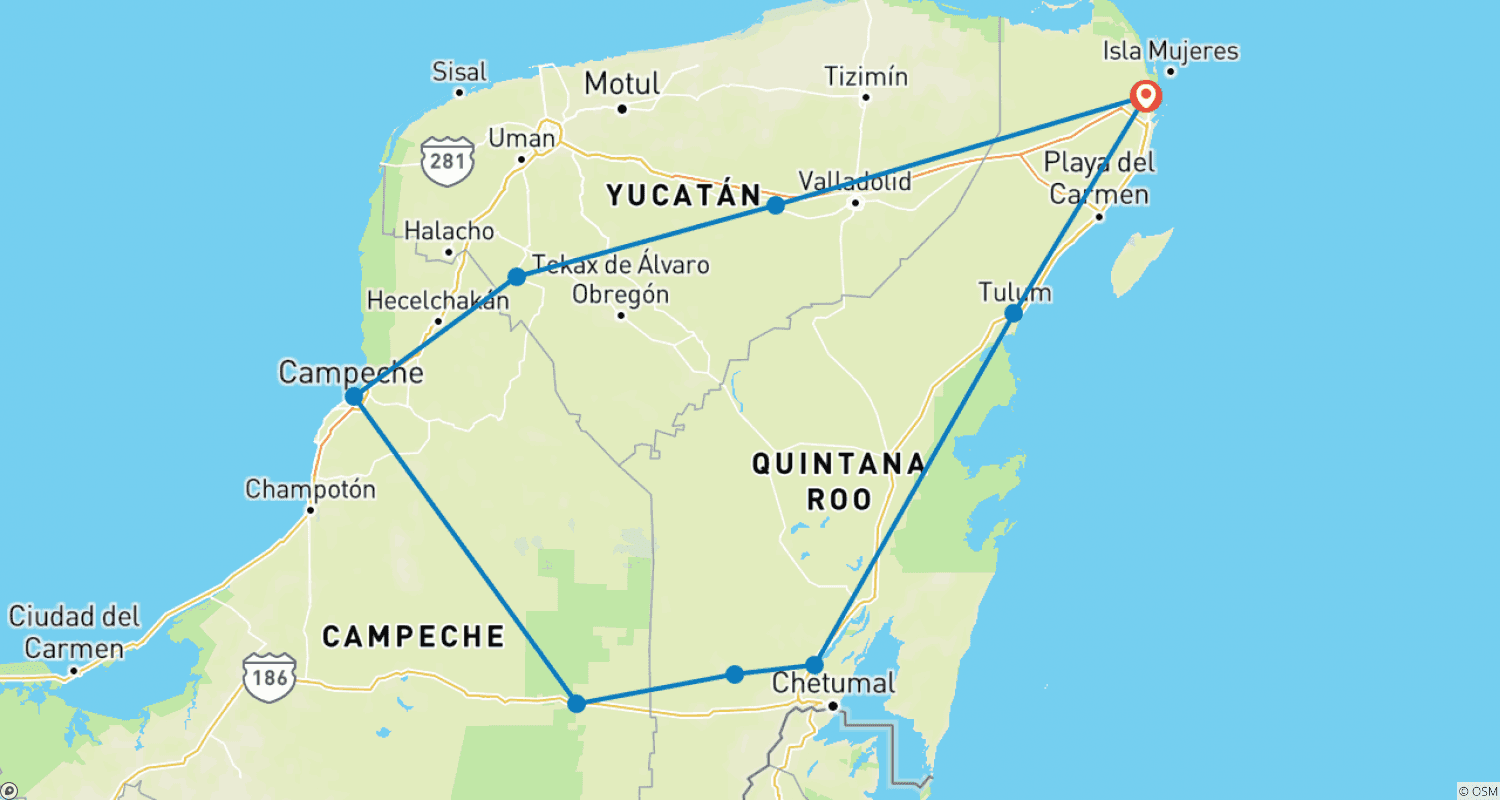 Mapa do percurso de Arqueologia e História do Iucatã