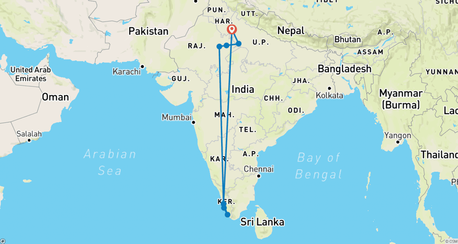 خريطة مسار Golden Triangle & Kerala - 8 Days