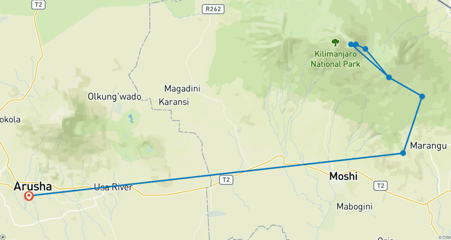 Mapa do percurso de 5 Dias - Rota Marangu