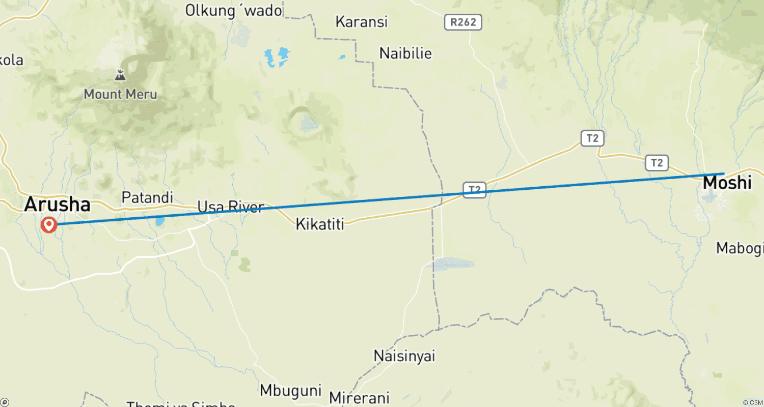 Mapa do percurso de Tour de BTT no Oeste do Kilimanjaro
