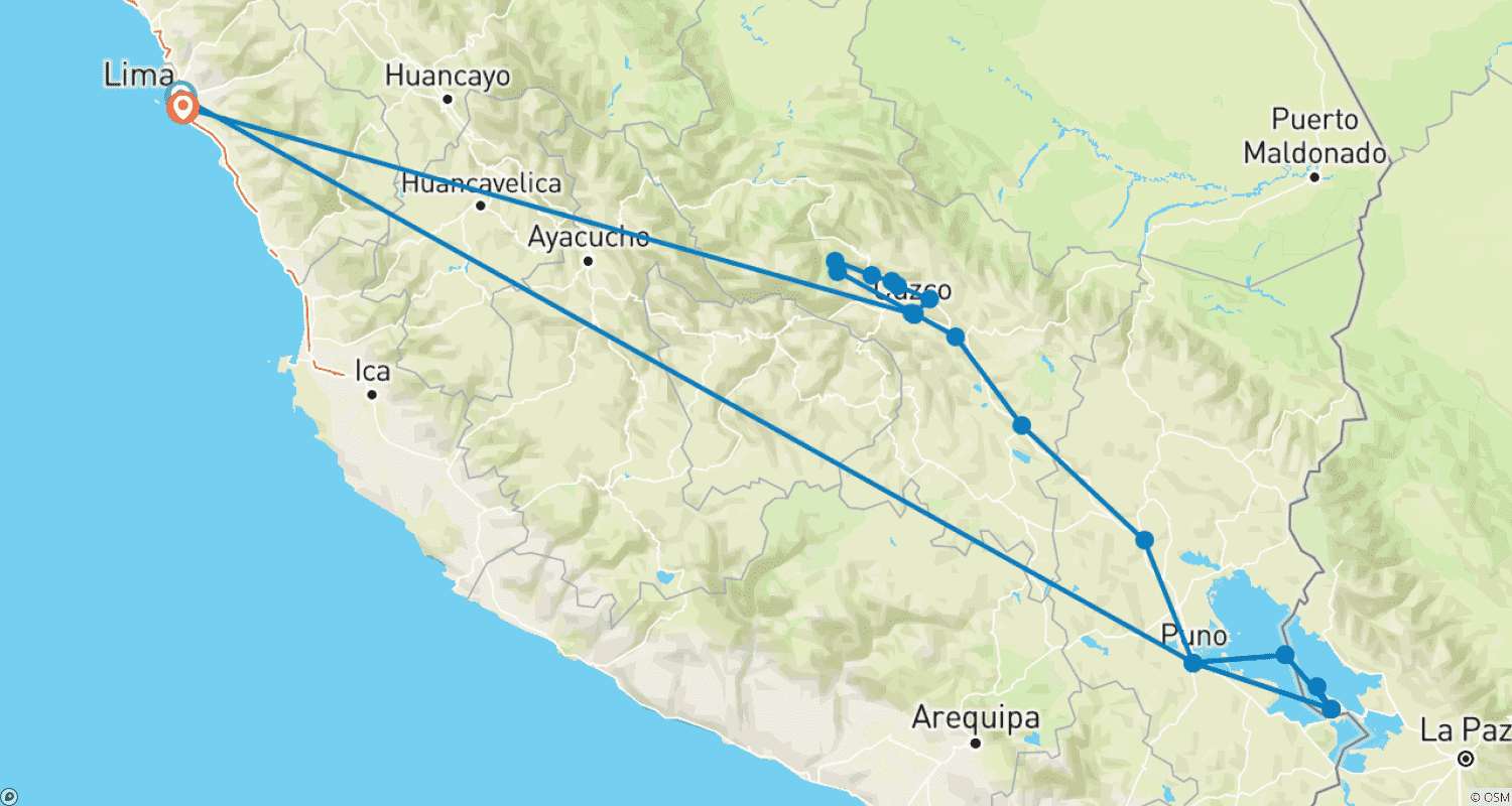 Mapa do percurso de 13/12 Lima, Cusco, Machu Picchu, Copacabana Bolívia (Excursão em Grupo Pequeno)