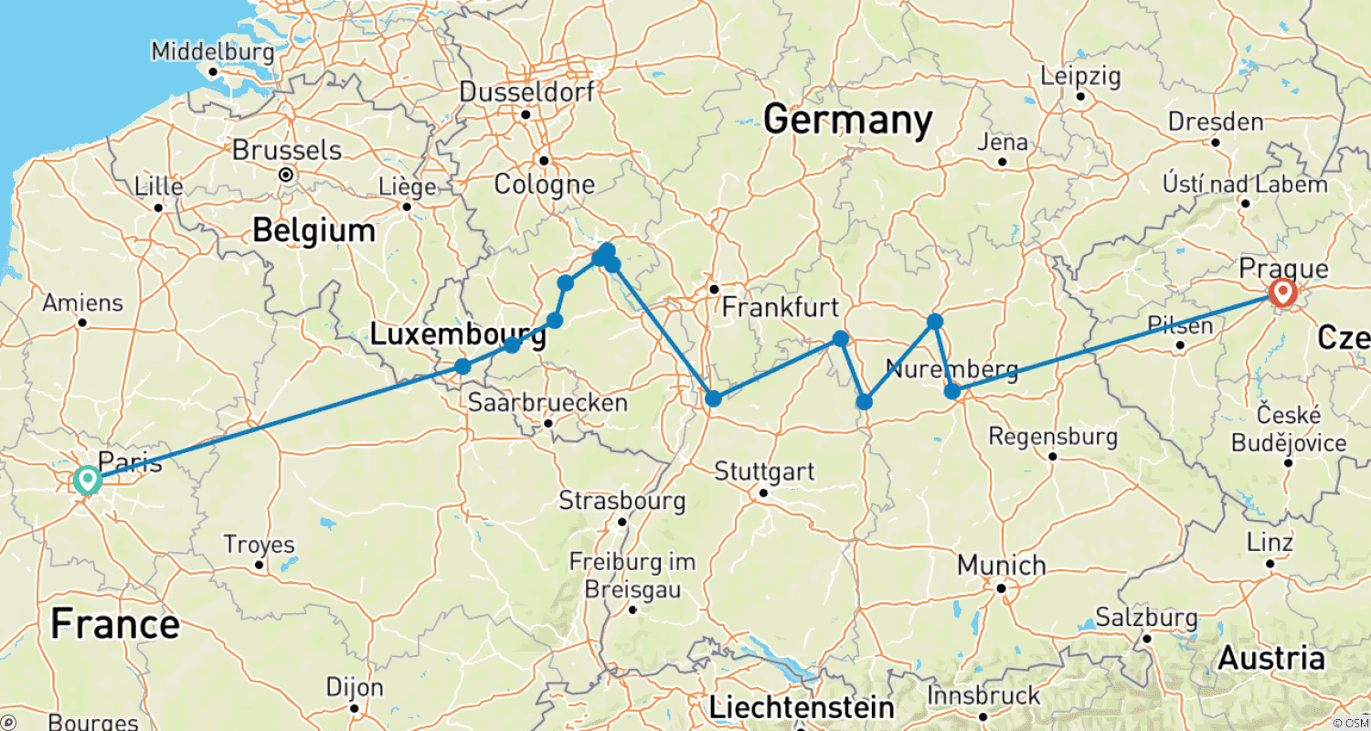 Mapa do percurso de Cidades de Luz: De Trier a Bamberg