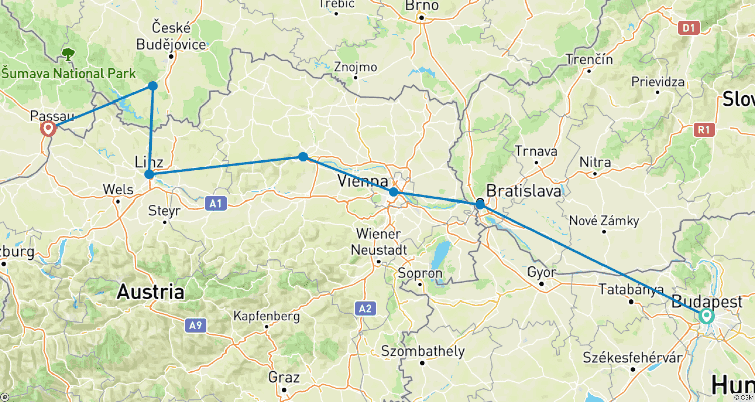 Mapa trasy: Dunajski Walc: Z Budapesztu do Pasawy