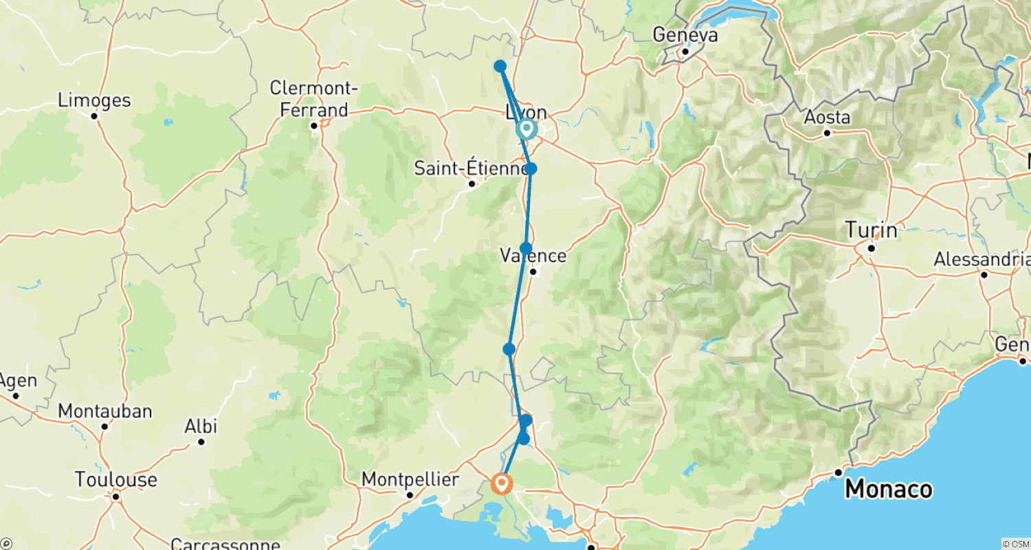 Mapa do percurso de Lyon & Provence Lyon to Avignon