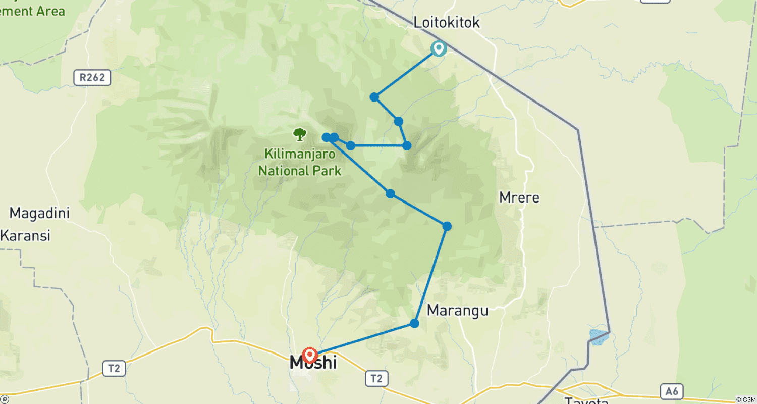 Mapa do percurso de 7 Dias - Rota Rongai