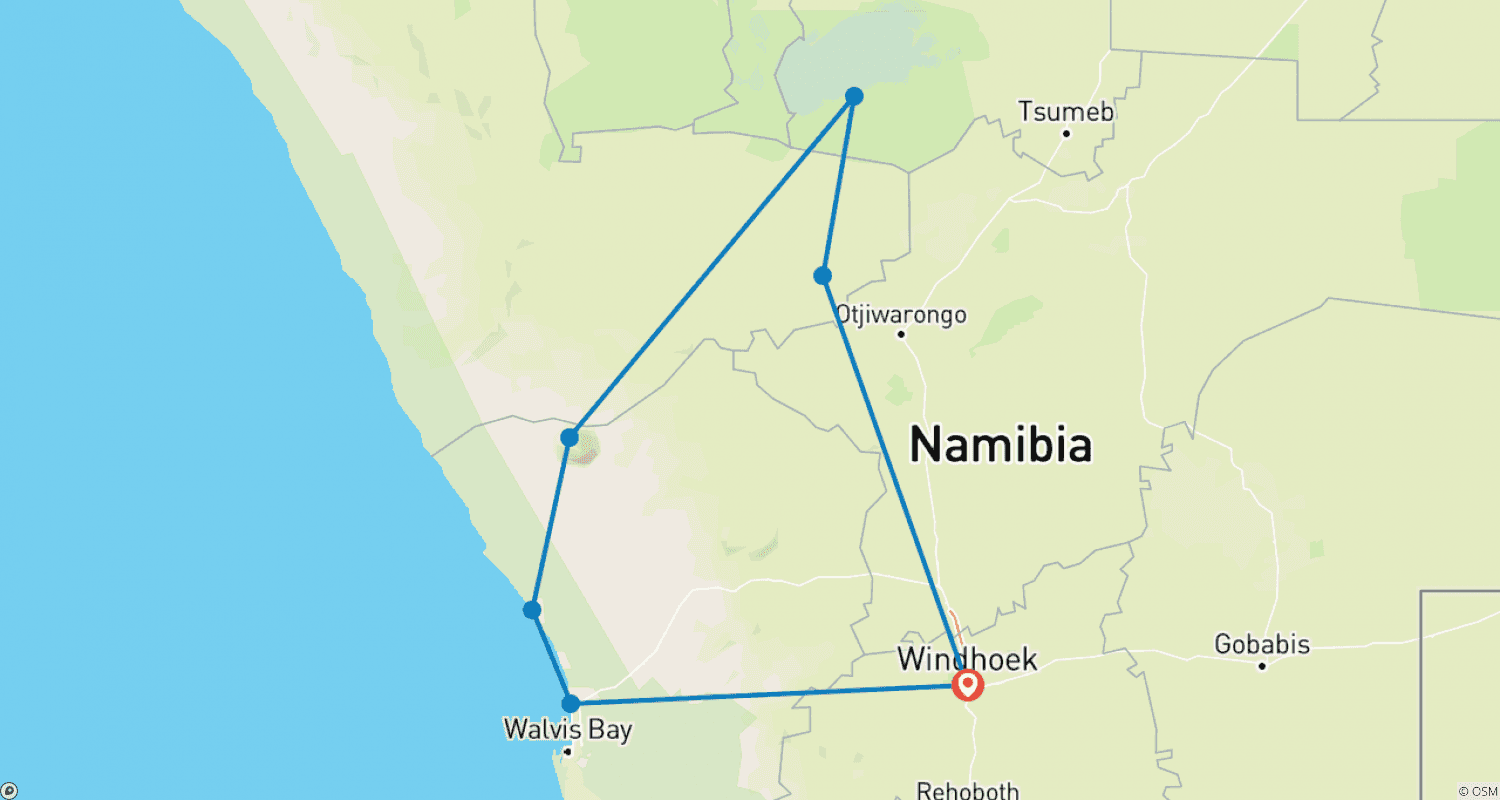 Mapa do percurso de Experimente Etosha, Brandberg e Twyfelfontein com um Sabor da Costa Oeste da Namíbia