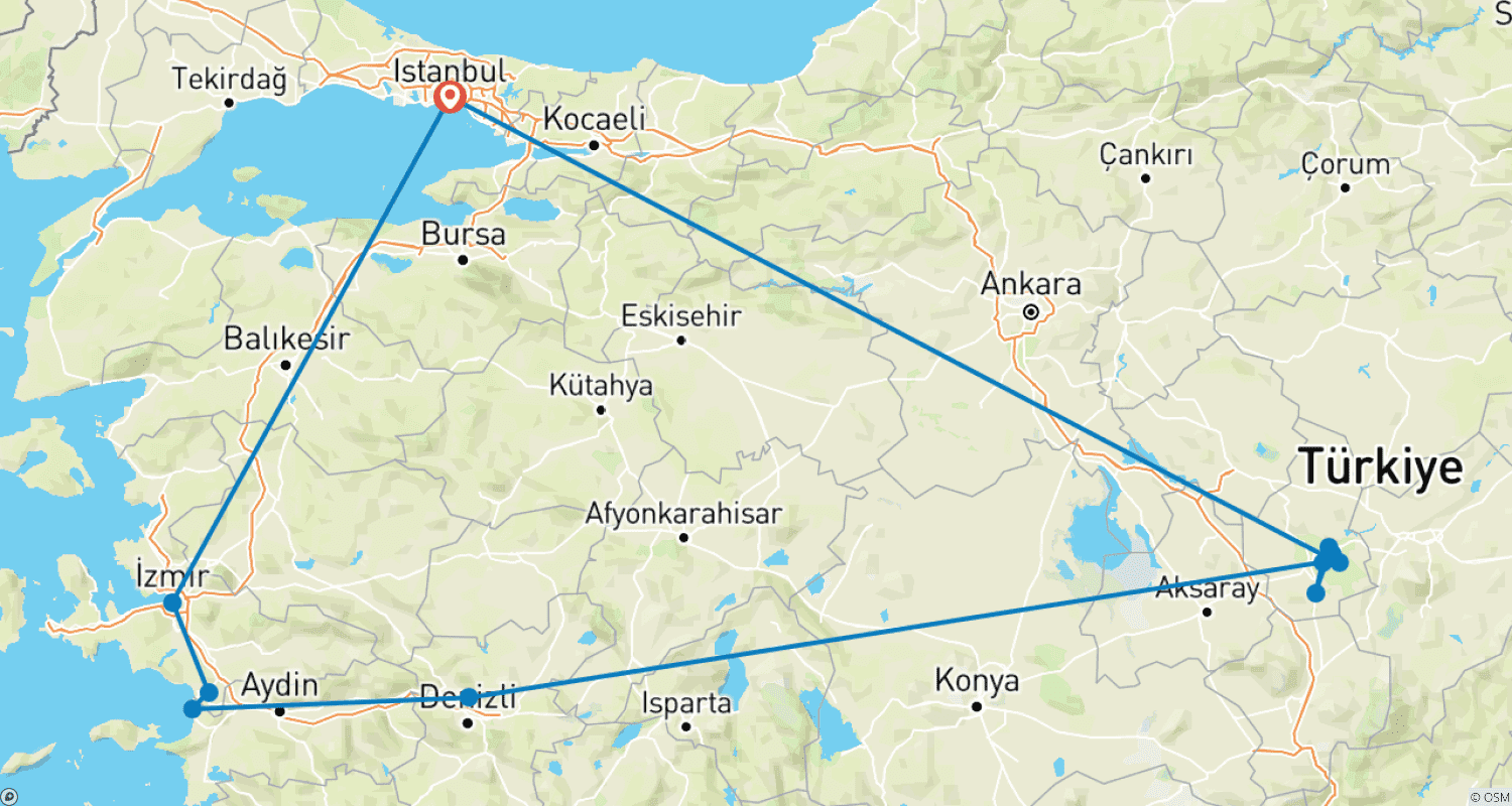 Mapa do percurso de 4 Days Turkey Tour from Istanbul: Cappadocia, Pamukkale,  Ephesus