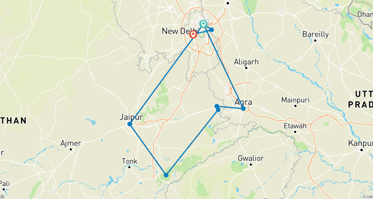 Mapa do percurso de Tour de 7 Dias pelo Triângulo Dourado com Bharatpur Ranthambore - Tour pelo Triângulo Dourado com Pássaros e Tigres
