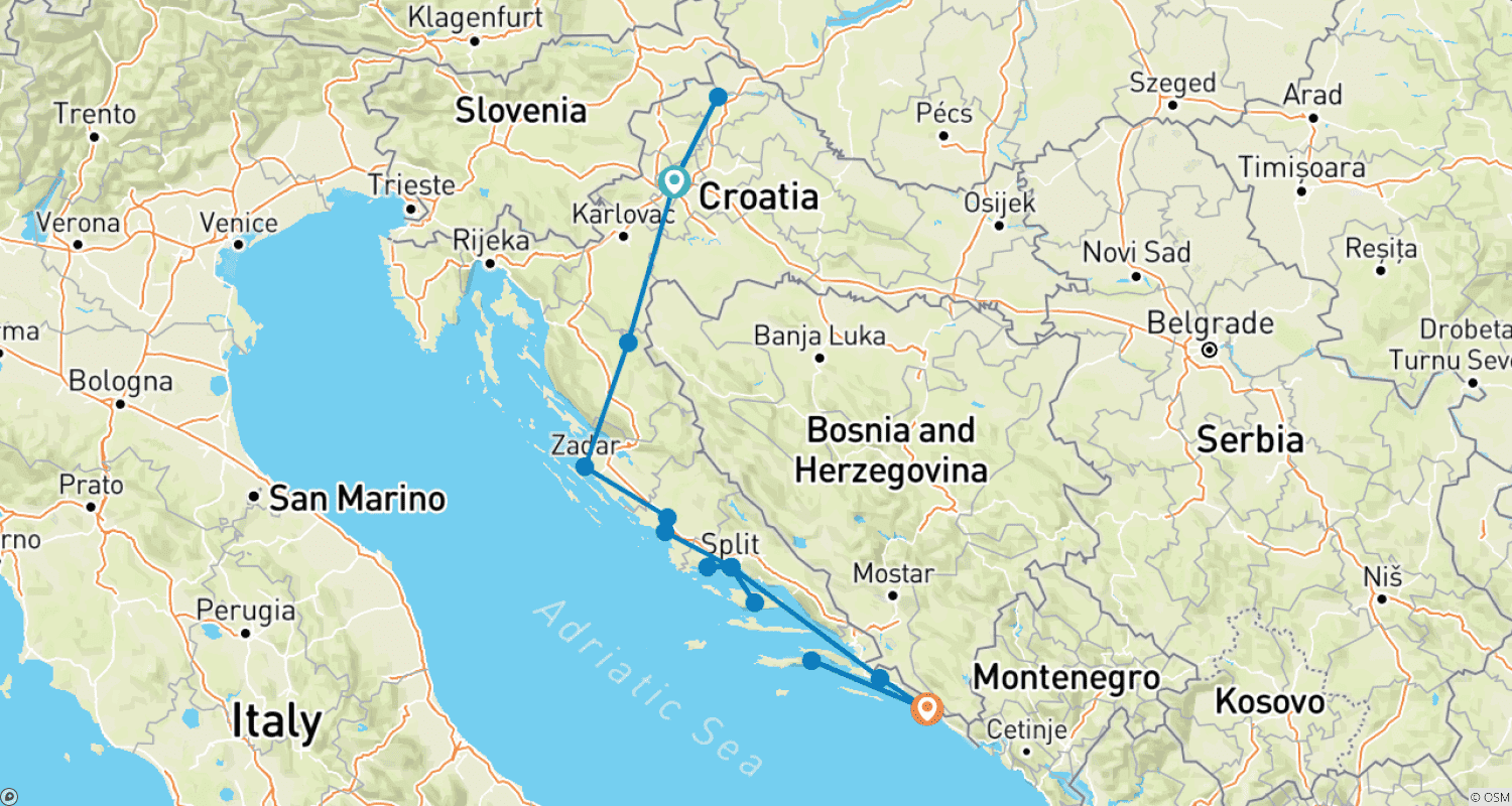 Mapa do percurso de Descubra a Croácia