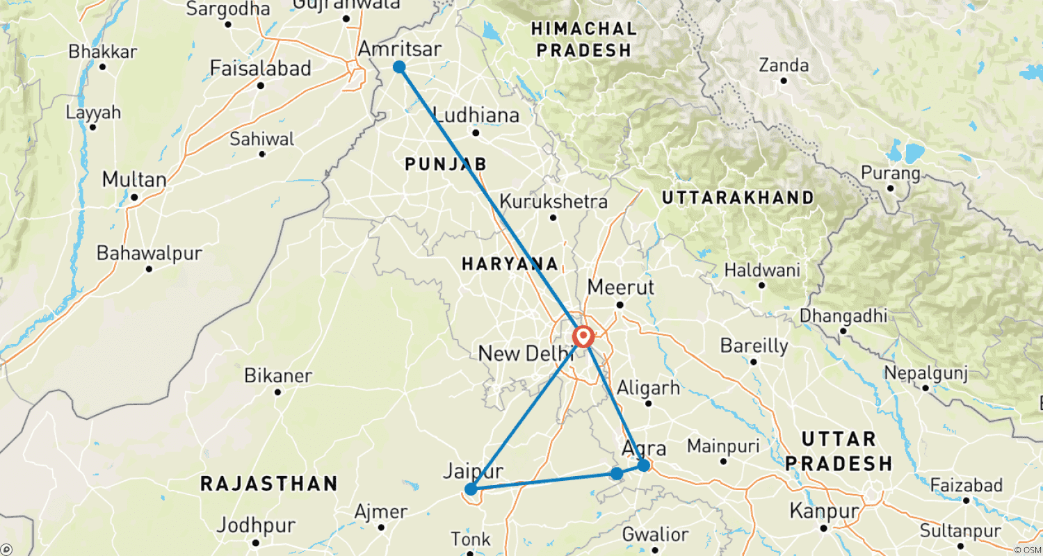 Mapa do percurso de Templo Dourado de Amritsar com Excursão do Triângulo Dourado