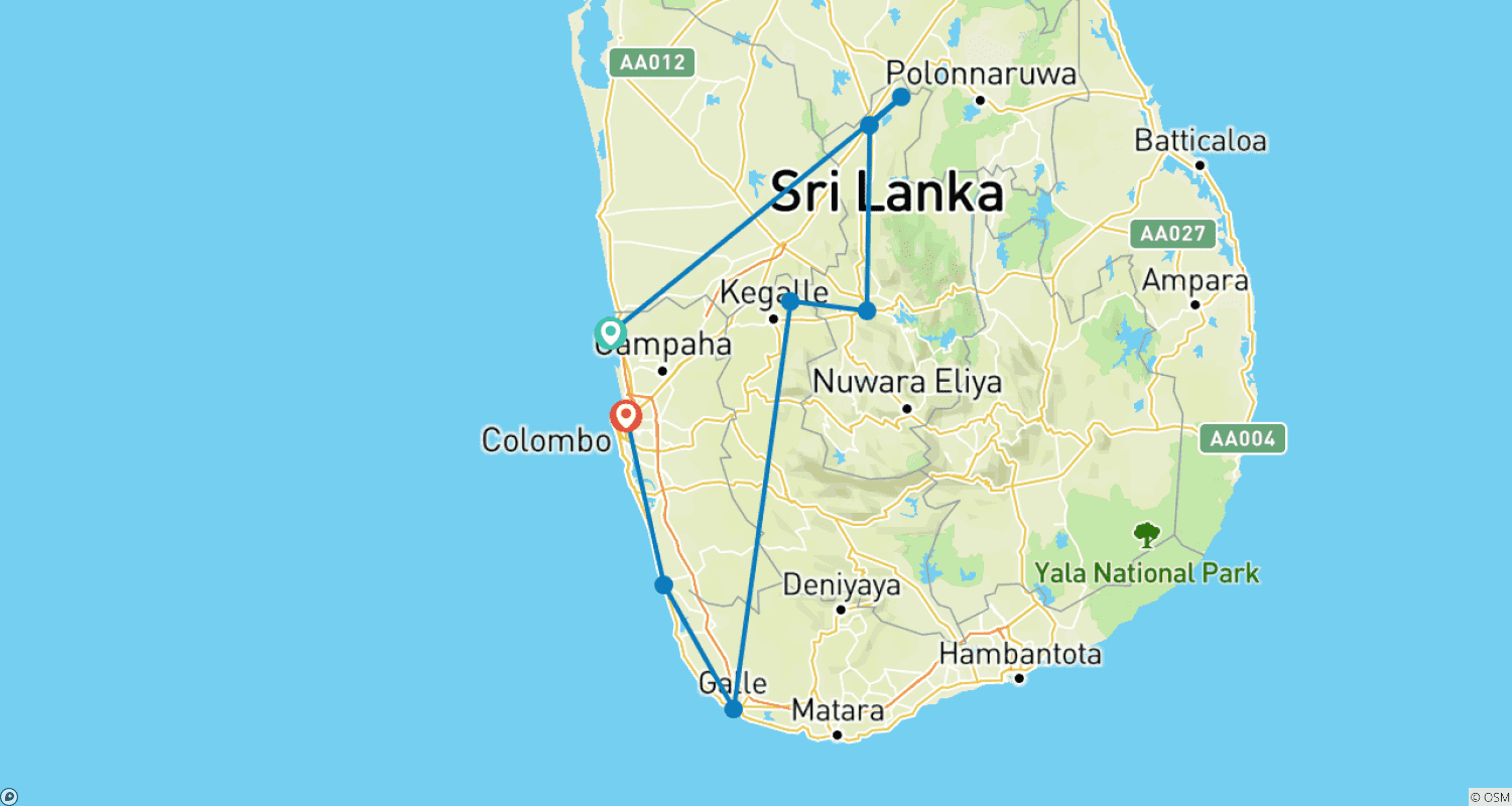 Mapa do percurso de Férias no Sri Lanka em 05 Noites e 06 Dias