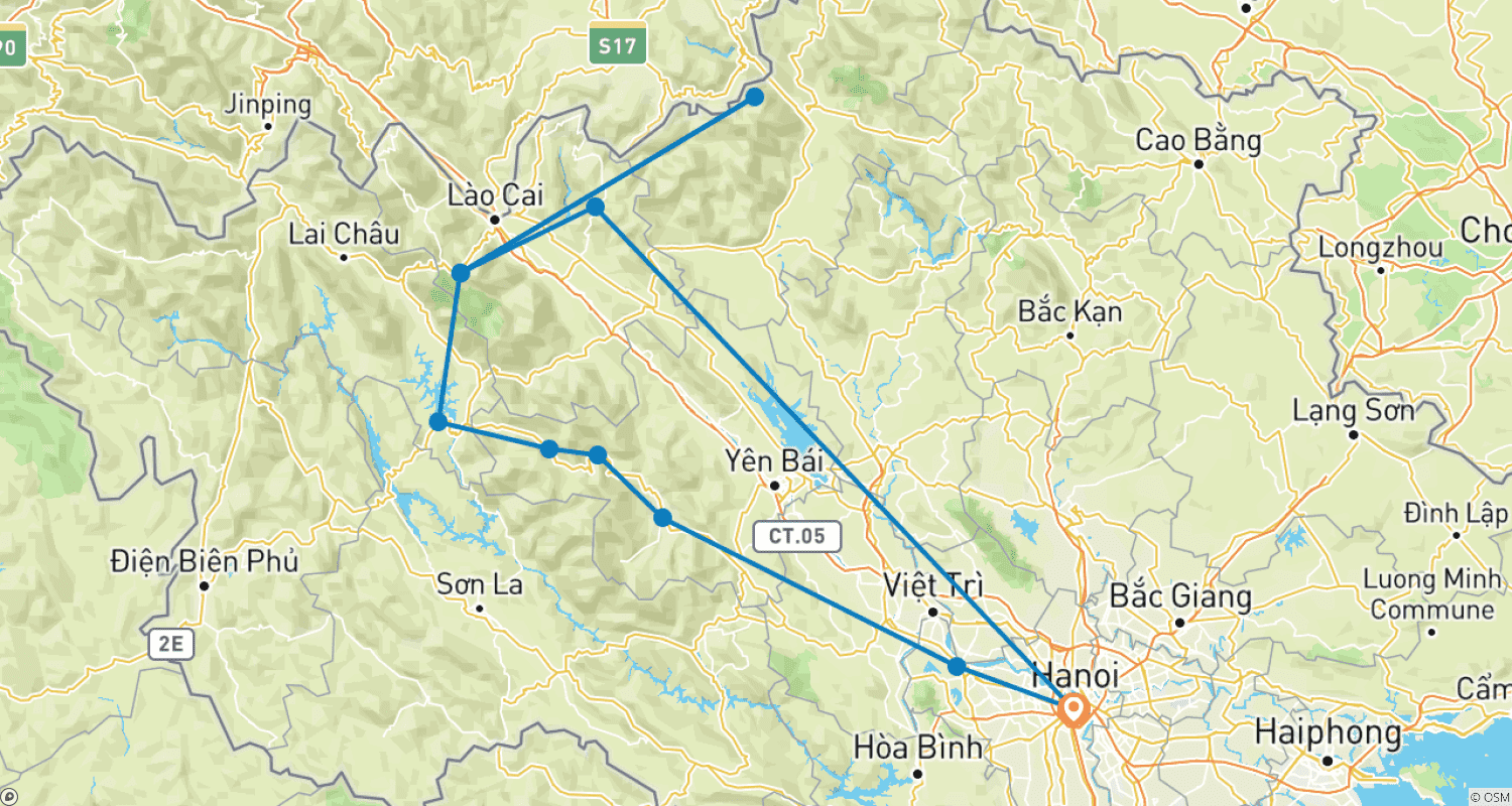 Mapa do percurso de O Tour Privado de Duong Lam-Mu Cang Chai- Sapa -Bac Ha 7 Dias e 6 Noites