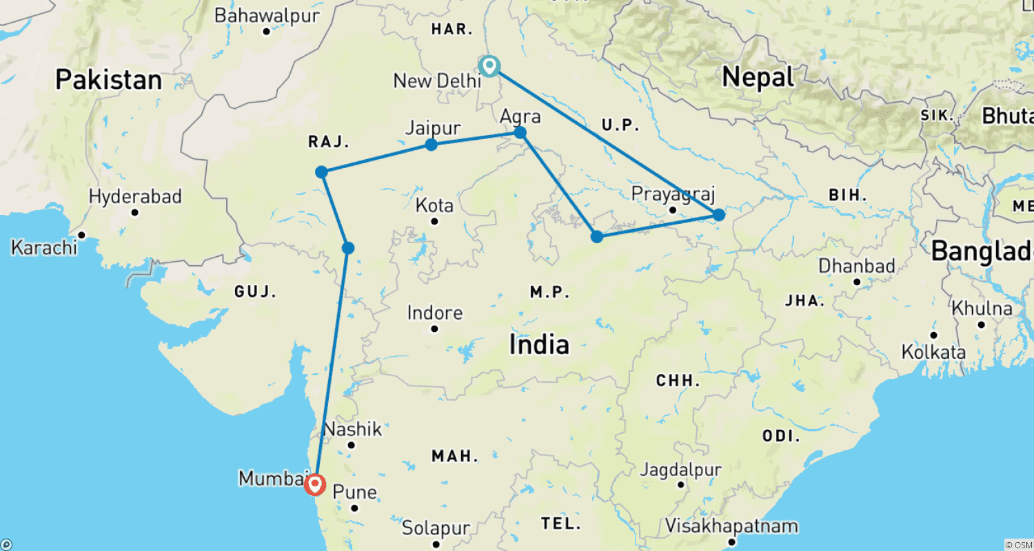 Mapa do percurso de O Melhor do Norte da Índia com Mumbai :- (Não perca a Essência da Índia)