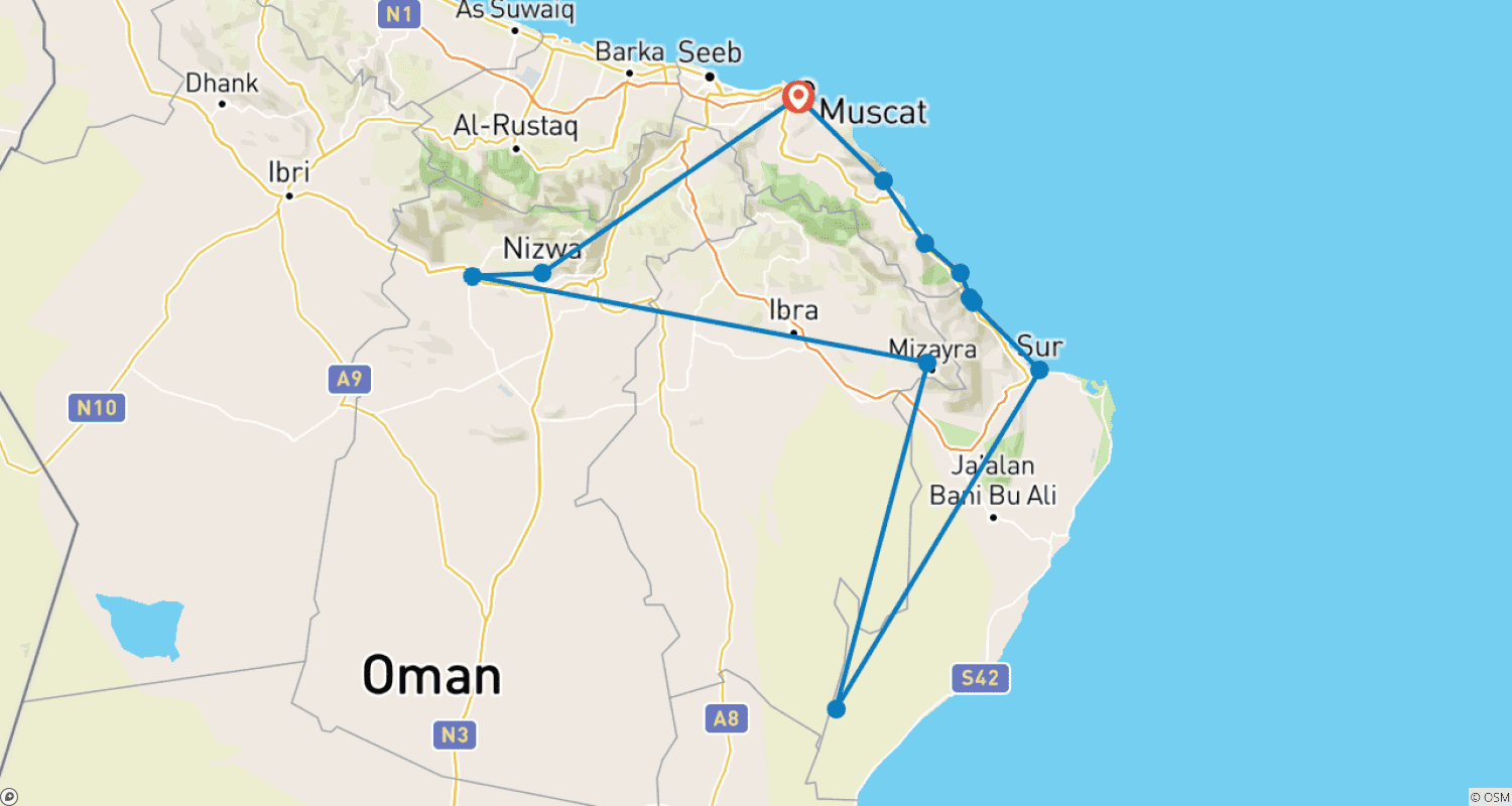 Mapa do percurso de Destaques de Muscat em 2 Dias – Pacote Turístico de Omã