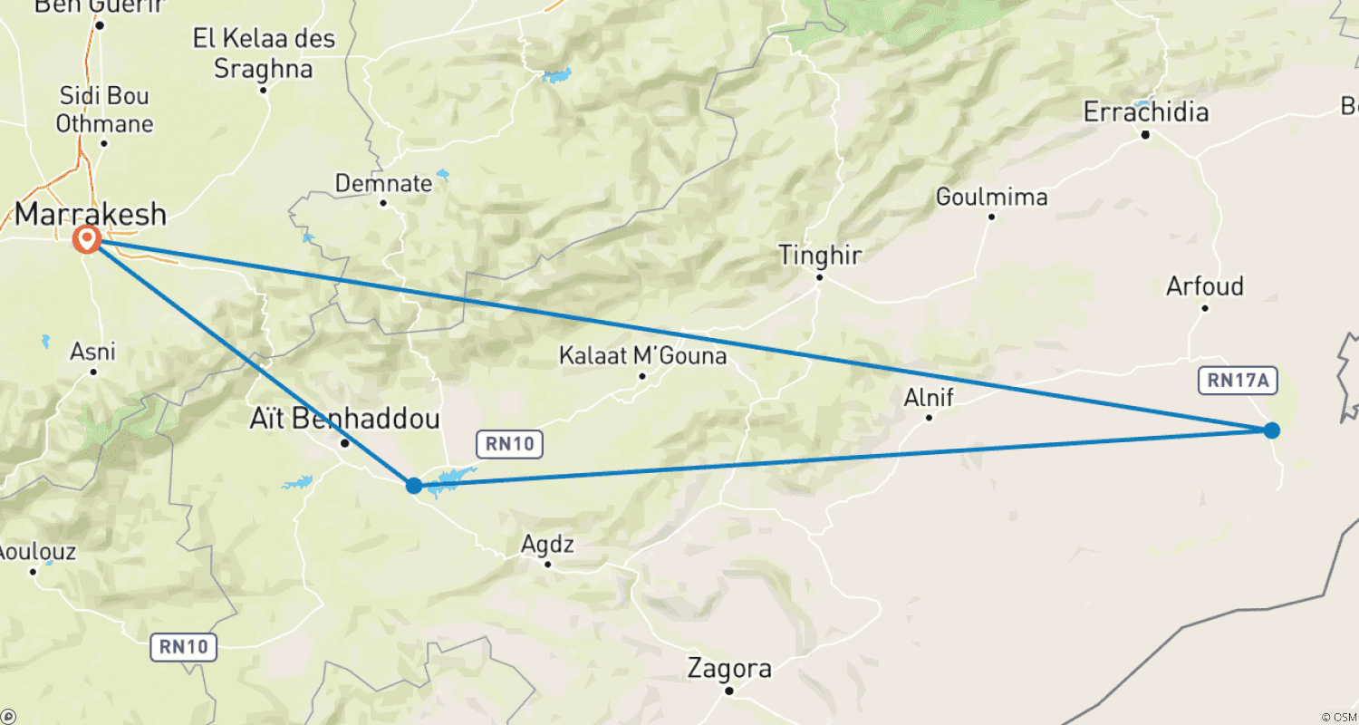 Mapa do percurso de Fim de Semana Prolongado no Saara Marroquino - 4 Dias