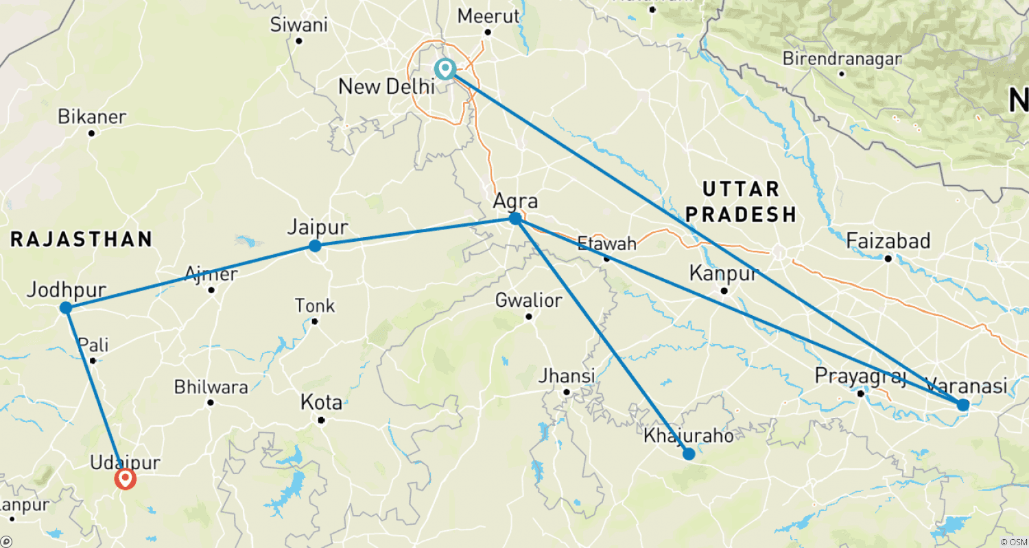 Mapa do percurso de Especial Norte da Índia - Triângulo Dourado com Varanasi/Orchha/Templo Erótico/Jodhpur e Udaipur