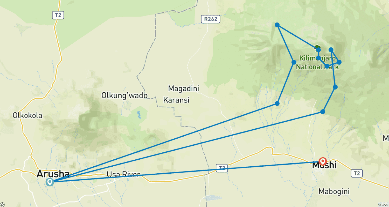 Mapa do percurso de Monte Kilimanjaro: Rota Machame de 7 dias