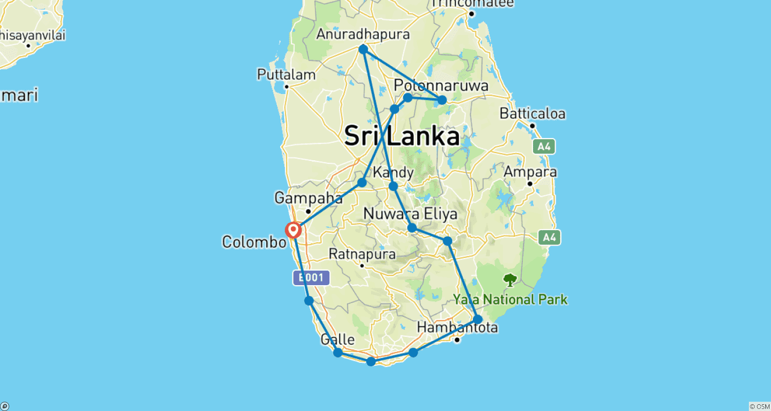 Mapa do percurso de Sri Lanka: 14 Dias de Tour Clássico Completo