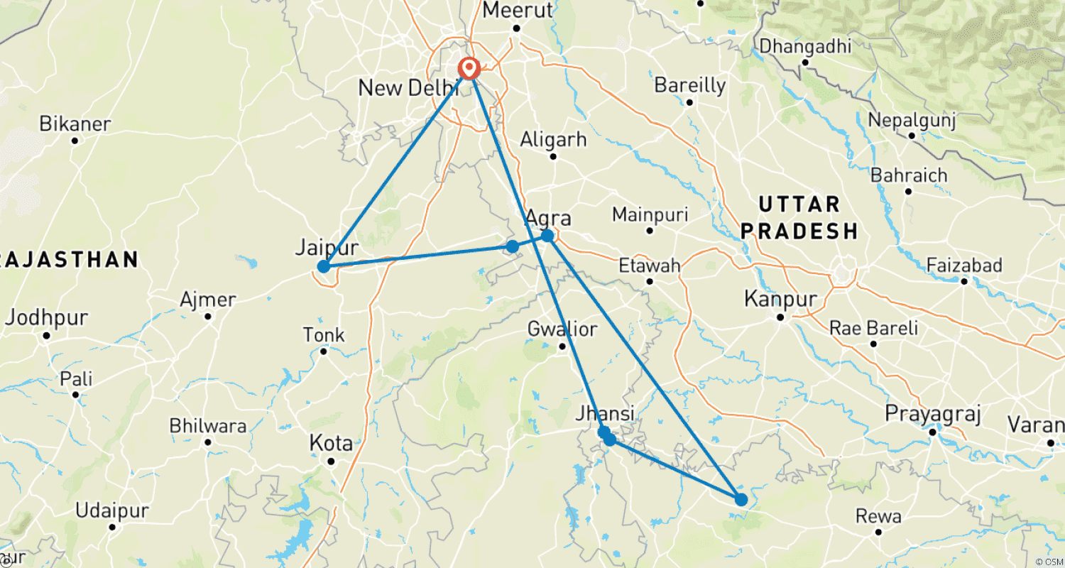 Mapa trasy: Złoty Trójkąt z erotycznym Khajuraho