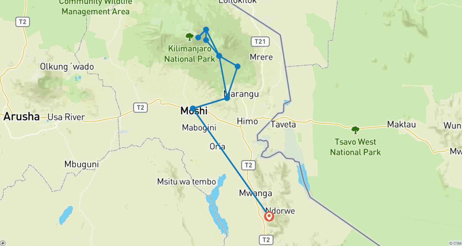 Mapa trasy: 8 Days Mount Kilimanjaro Climbing - Marangu Route