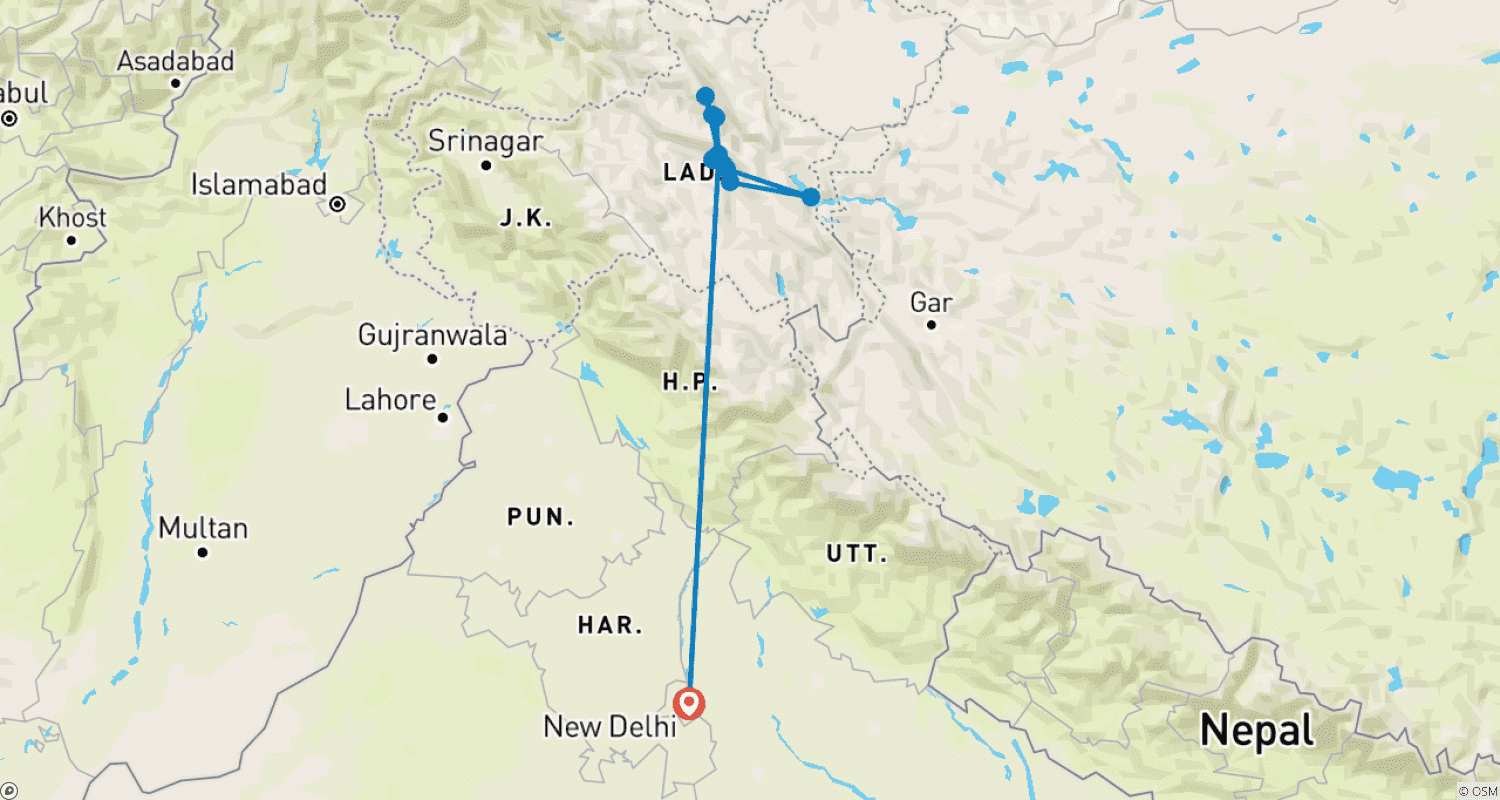Mapa do percurso de Pacote Turístico Leh Ladakh de Delhi com Voos