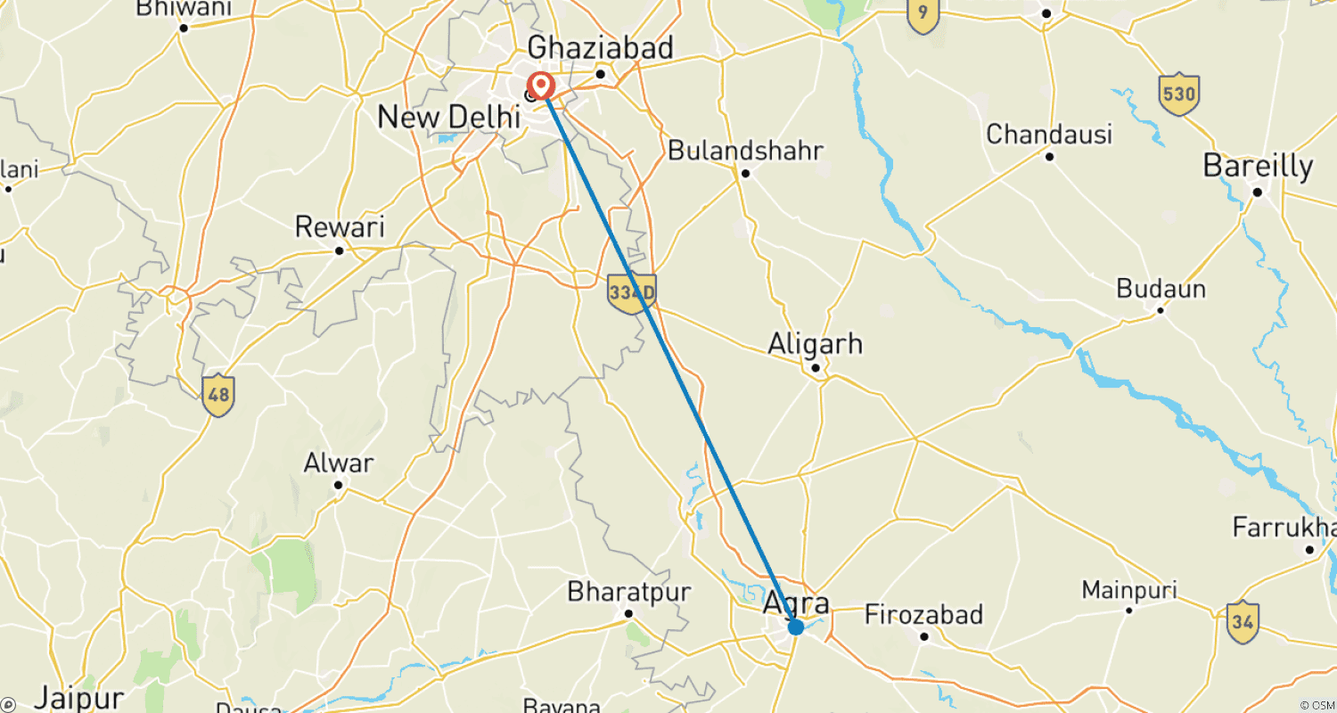 Mapa do percurso de Brilho Dourado: Tour Privado de 3 Dias ao Nascer e Pôr do Sol no Taj Mahal, saindo de Delhi