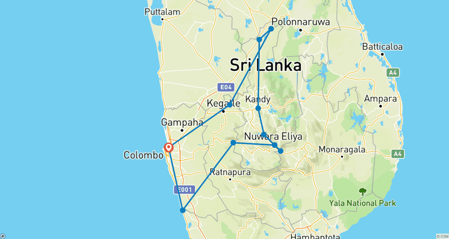 Mapa do percurso de Destaques do Sri Lanka - Excursão de 06 Dias