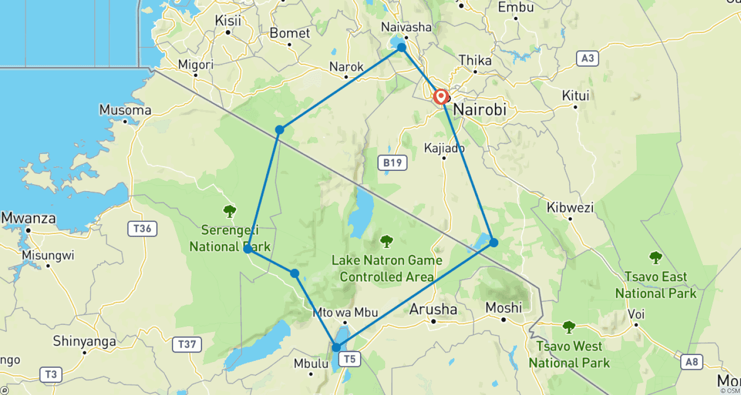 Mapa do percurso de Aventura Clássica no Quénia e Tanzânia, Acomodações Básicas
