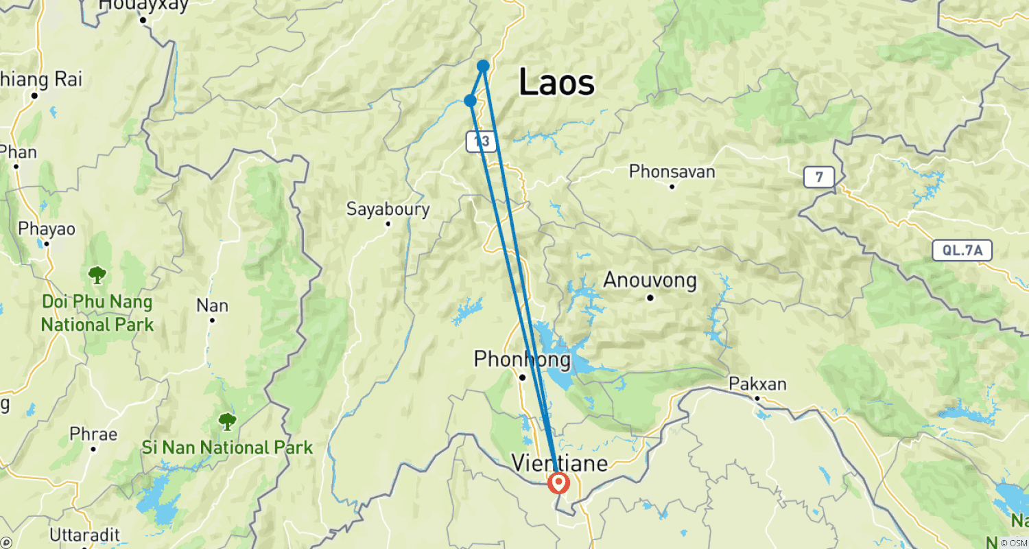 Mapa trasy: Wycieczka po dziedzictwie Laosu z Wientianu do Luang Prabang