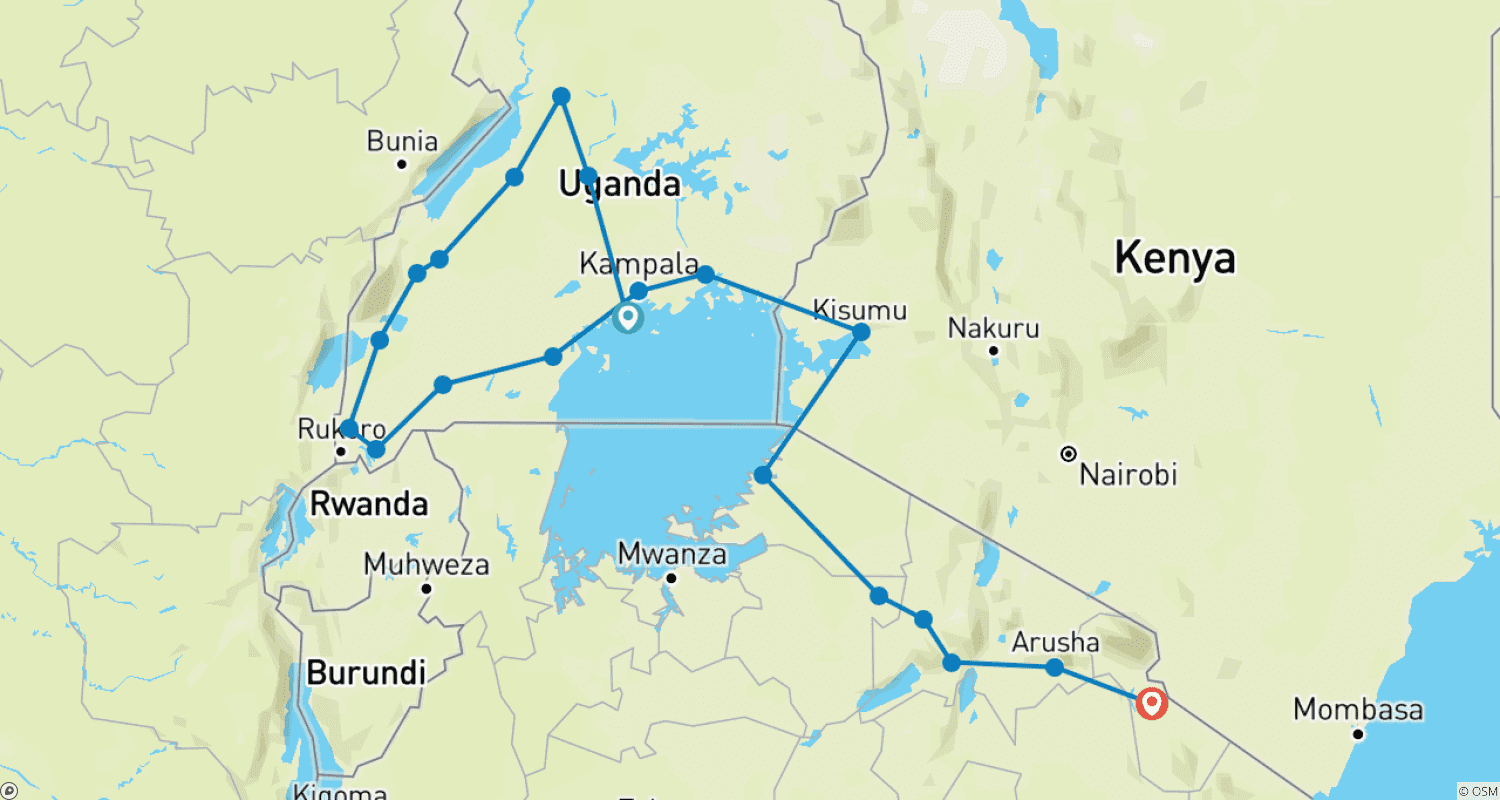 Mapa do percurso de 15 dias de descoberta de Uganda e Tanzânia