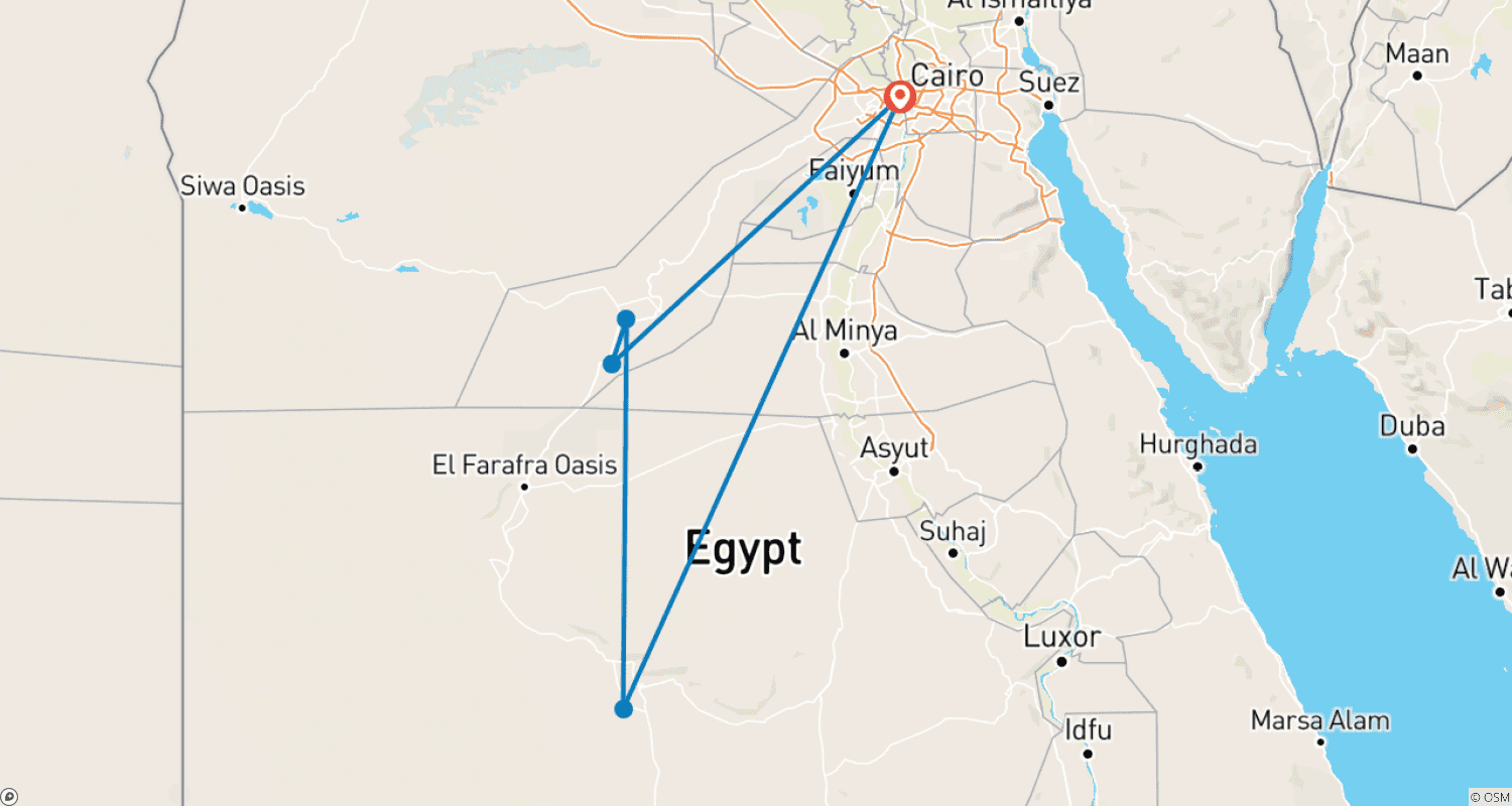 Mapa do percurso de Aventura de 6 Dias no Cairo e no Oásis do Deserto