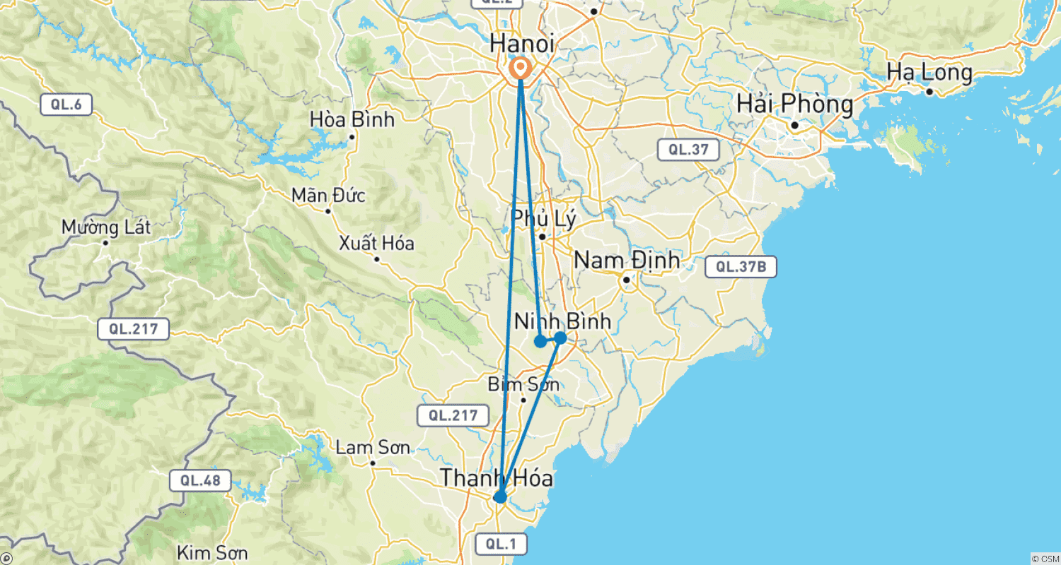 Mapa do percurso de Pu Luong Ninh Binh: A Fuga de 3 Dias