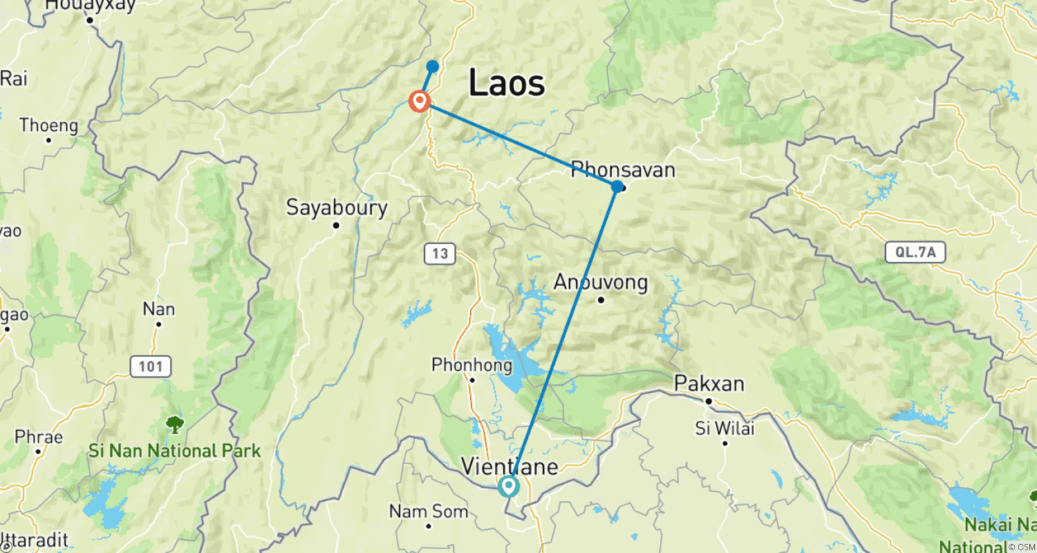 Mapa trasy: Laos – wycieczka objazdowa najważniejszych atrakcji z Vientiane przez Xieng Khouang, Równinę Dzbanów do Luang Prabang