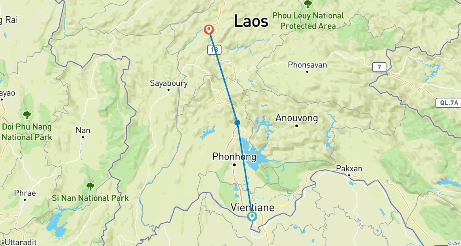 Mapa do percurso de Surpreendente Excursão de Trekking de Aventura no Laos de Vientiane via Vang Vieng para Luang Prabang com Alojamento em Casa de Família