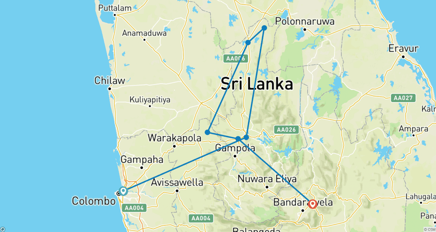 Mapa do percurso de Tour de Trem e Carro no Sri Lanka 2023